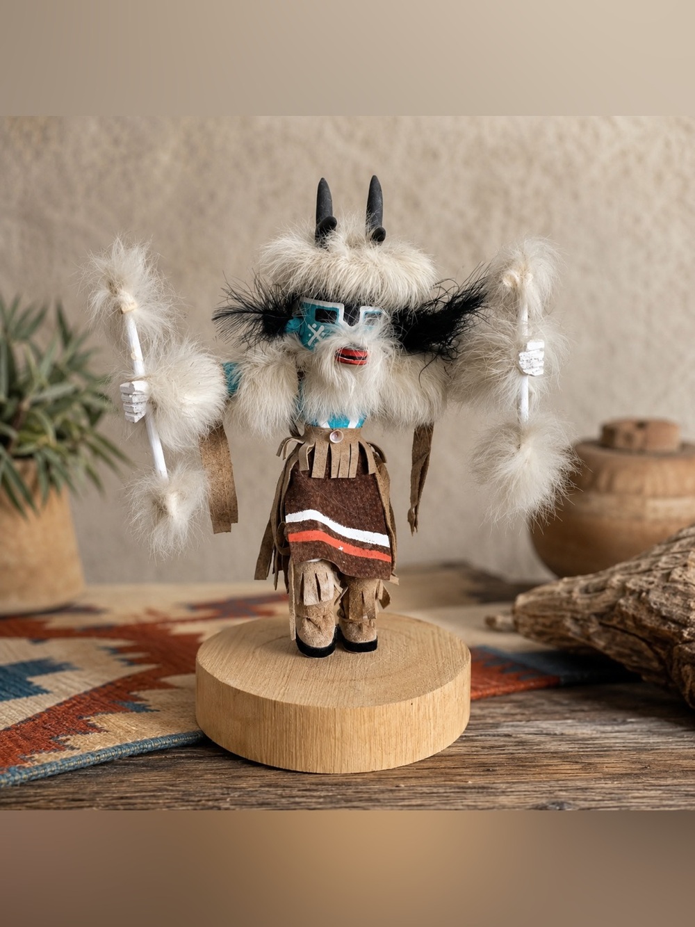 Southwestern Kachina Style Dancer Doll Wood Base Fur Feather Folk Art Decor